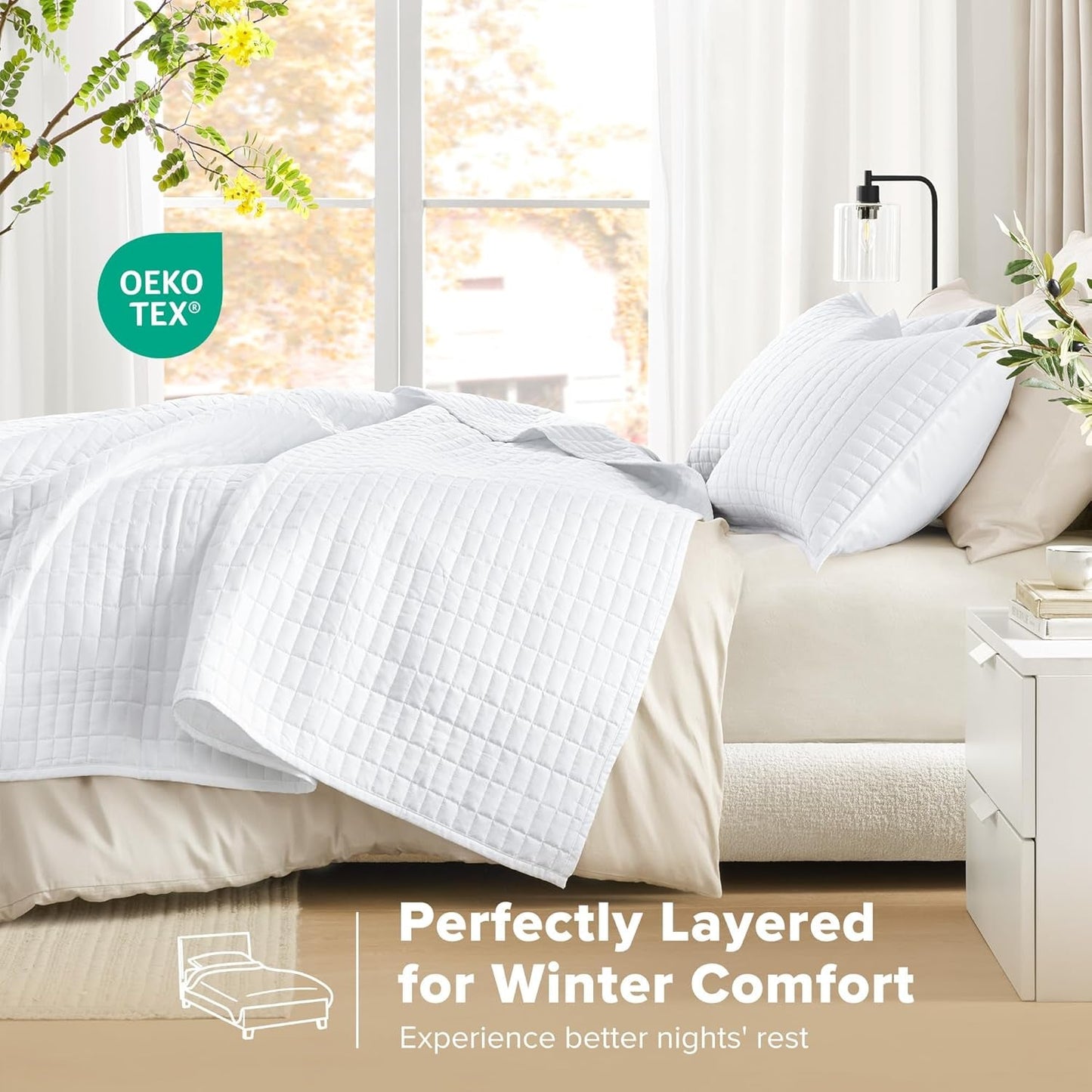 Comfort Spaces Kienna Quilt Set, cusături duble de lux, pătură de vară, ușoară, moale, lenjerie de pat pe tot parcursul anului, față de pernă asortată, albă, pătură pentru paturi King Size (264.2 X 228.6 Cm), Plapumi si pilote Naty Shop