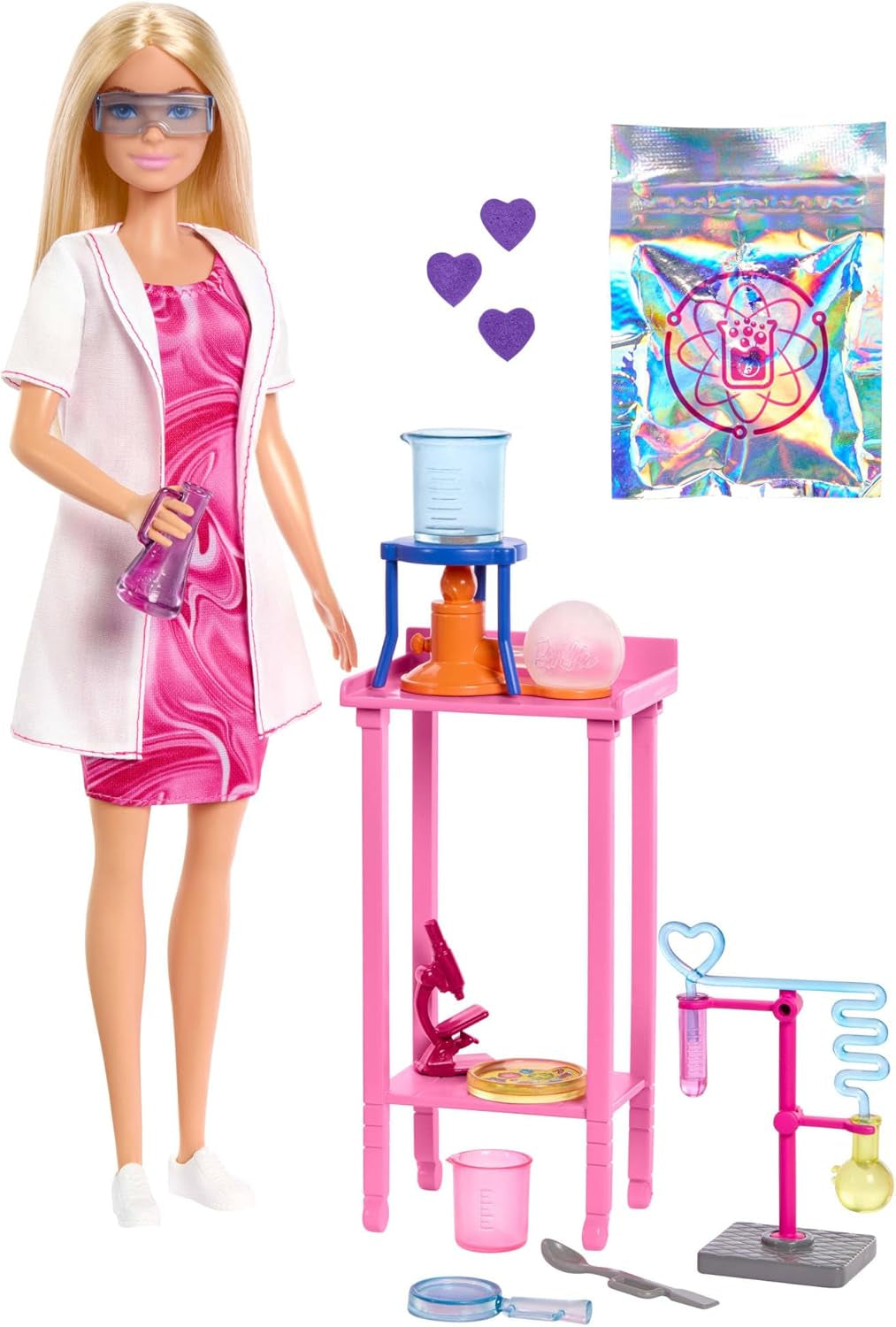 Barbie păpușă om de știință și accesorii cu păpușă blondă la modă, masă de laborator, microscop, caser cu schimbare de culoare și vas Petri, JCR70 Papusi Naty Shop Titlu implicit