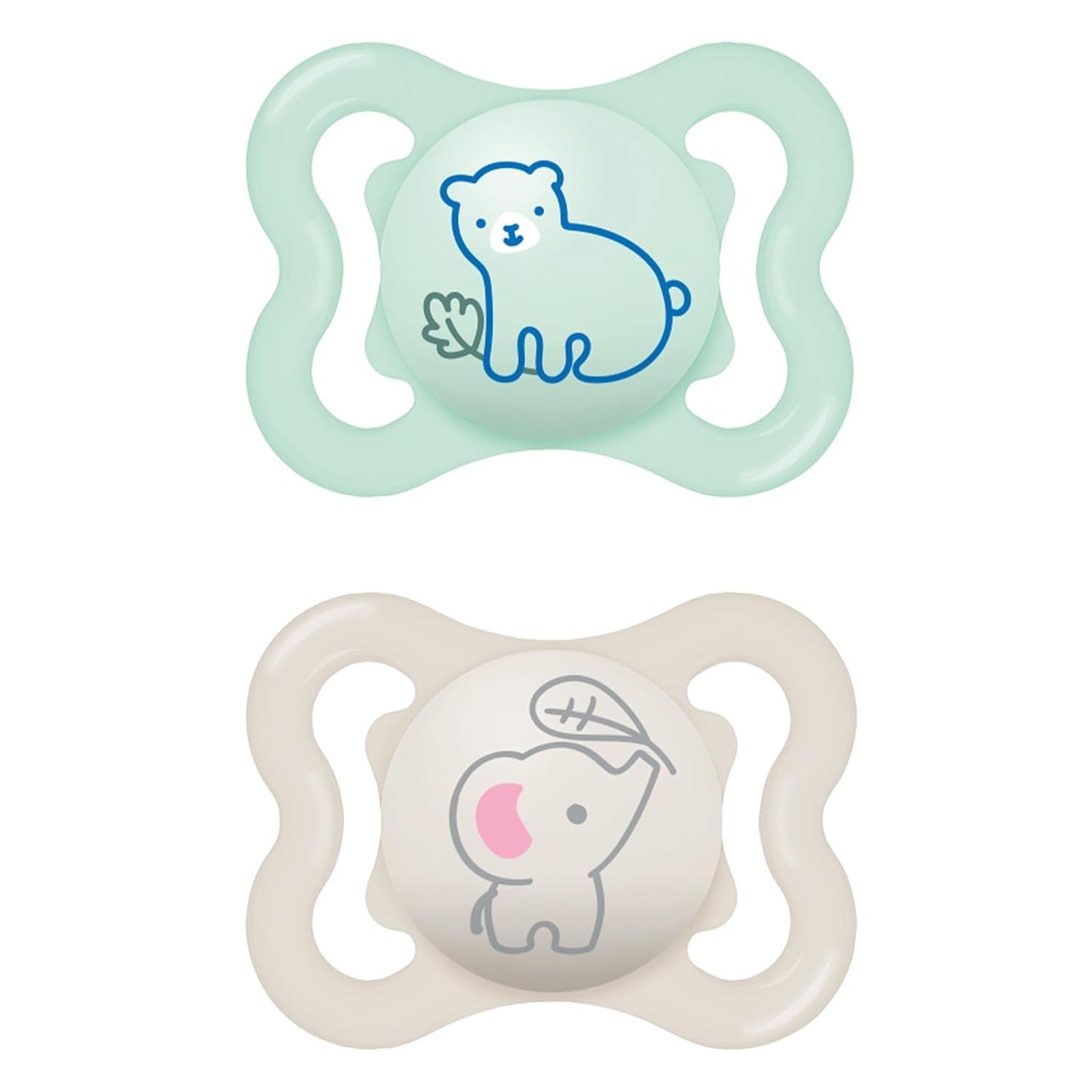 Suzete MAM Air din silicon, pachet de 2, design extra ușor și aerisit, suzetă pentru bebeluși prietenoasă cu dinții, fabricată din silicon special MAM SkinSoft, cu cutie pentru suzetă, 6-16 luni, Ursuleț/Rinocer