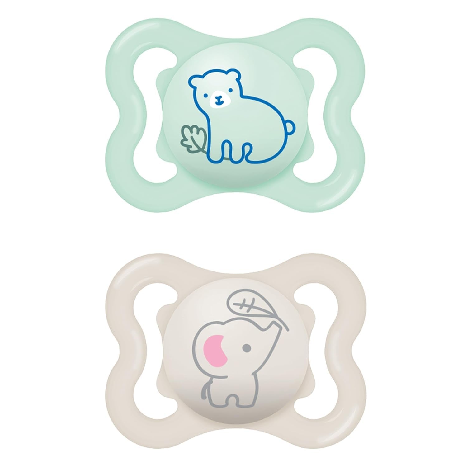 Suzete MAM Air din silicon, pachet de 2, design extra ușor și aerisit, suzetă pentru bebeluși prietenoasă cu dinții, fabricată din silicon special MAM SkinSoft, cu cutie pentru suzetă, 6-16 luni, Ursuleț/Rinocer