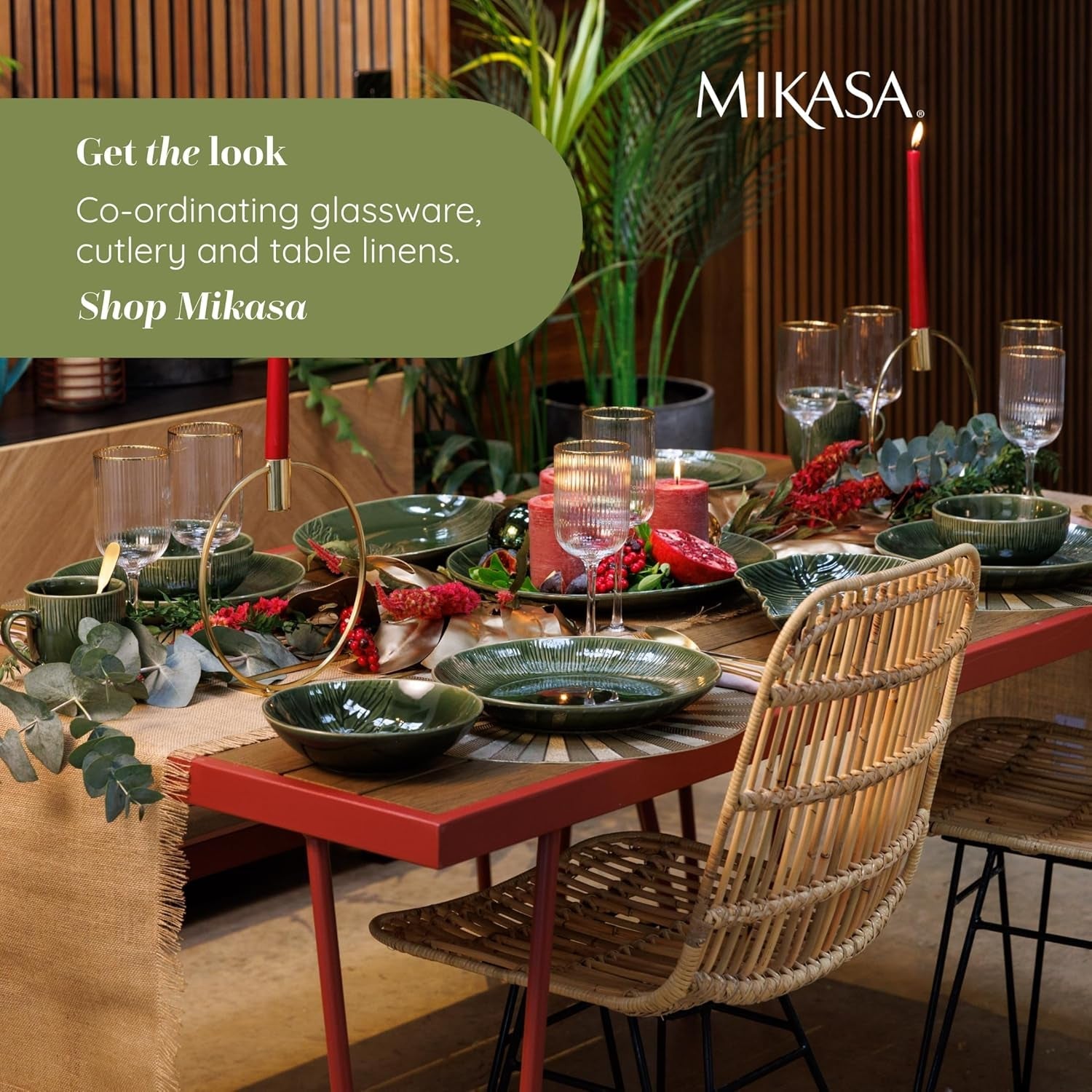 Set de veselă Mikasa Jardin cu 12 piese, set de veselă din gresie pentru 4 persoane cu farfurii, farfurii laterale și boluri, verde - cutie cadou și lavabilă în mașina de spălat vase