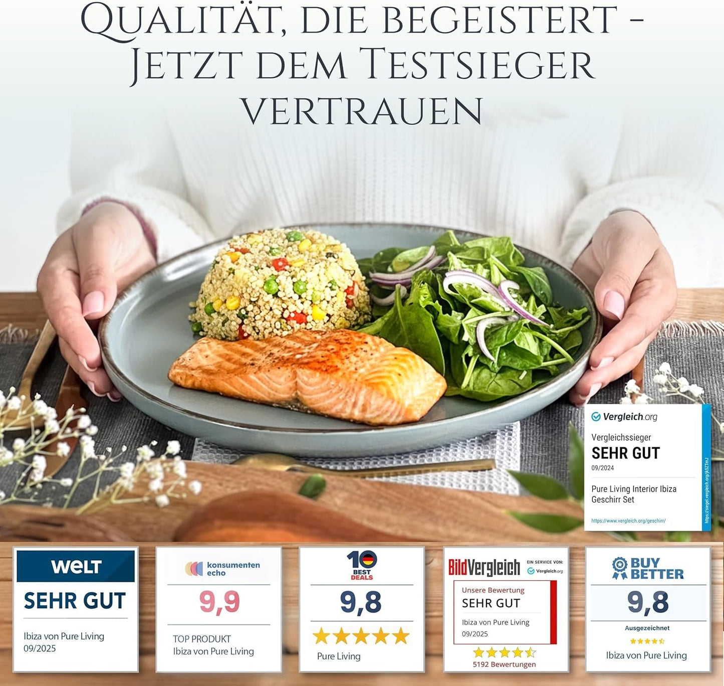 Steingut Geschirrset 6 Personen Rustic 24 tlg. TESTSIEGER, Hochwertiges Landhaussttil Steingut Geschirr Set, Schüssel- und Teller Set, Tafelservice 6 Personen, Geschirrsets Pure Living in Rauchblau