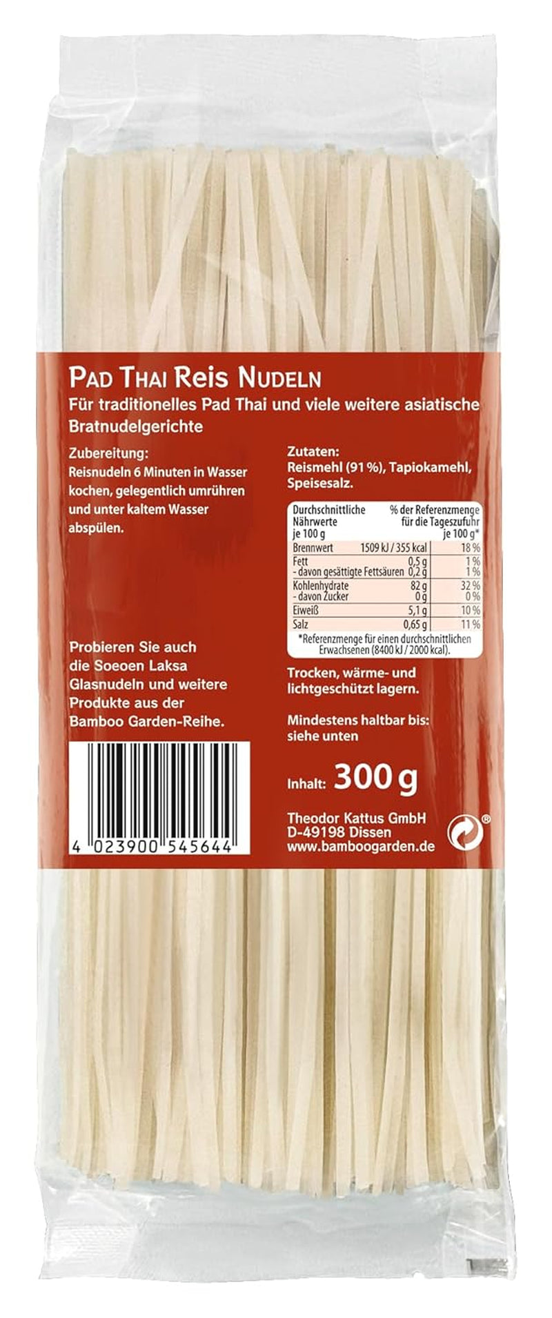 Bamboo Garden - Bețișoare de tăiței de orez Pad-Thai, Pentru mâncăruri tradiționale cu tăiței precum Pad-Thai, Vegan, 1 x 300 g (Designul ambalajului poate varia)