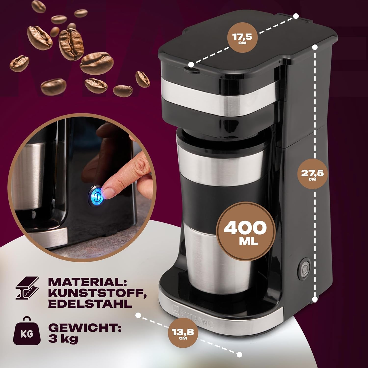 Espressor Clatronic | Cană de călătorie 400 ml | Compatibilă cu toate suporturile de pahare standard (de exemplu, pentru mașină) | Espressor cu filtru | Filtru permanent din nailon | Cană din oțel inoxidabil cu capac pentru aromă | KA 3733