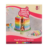 Set de 8 coloranți alimentari Funcakes cu gel: Colorant alimentar foarte concentrat pentru aluat, cremă, fondant, marțipan și aluat. 8 culori: galben, roz, roșu, verde deschis, albastru deschis, turcoaz, violet și negru. Halal.