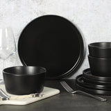 Set de veselă Bowery, 32 de piese, negru mat, gresie, farfurii, boluri și căni, serviciu pentru 8 persoane