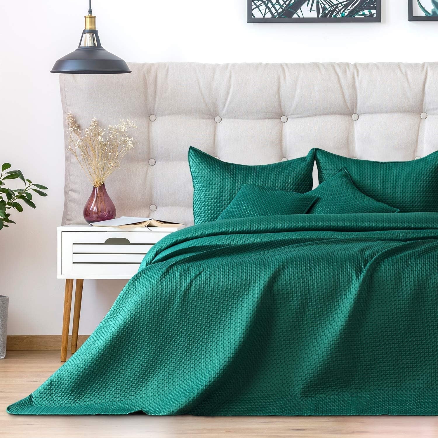 Ameliahome cuvertură de pat 200X220 Cm cuvertură de pat verde închis cu două fețe embosate Matt Satin Carmen Paturi si Cuverturi Besuche den AmeliaHome-Store