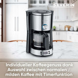 Espressor SEVERIN „TypeSwitch” cu carafă de sticlă și cronometru, AromaSwitch pentru alegerea a 2 opțiuni de preparare, ceas digital cu funcție de cronometru, pentru până la 10 cești, 1000W, oțel inoxidabil periat-negru, KA 4826