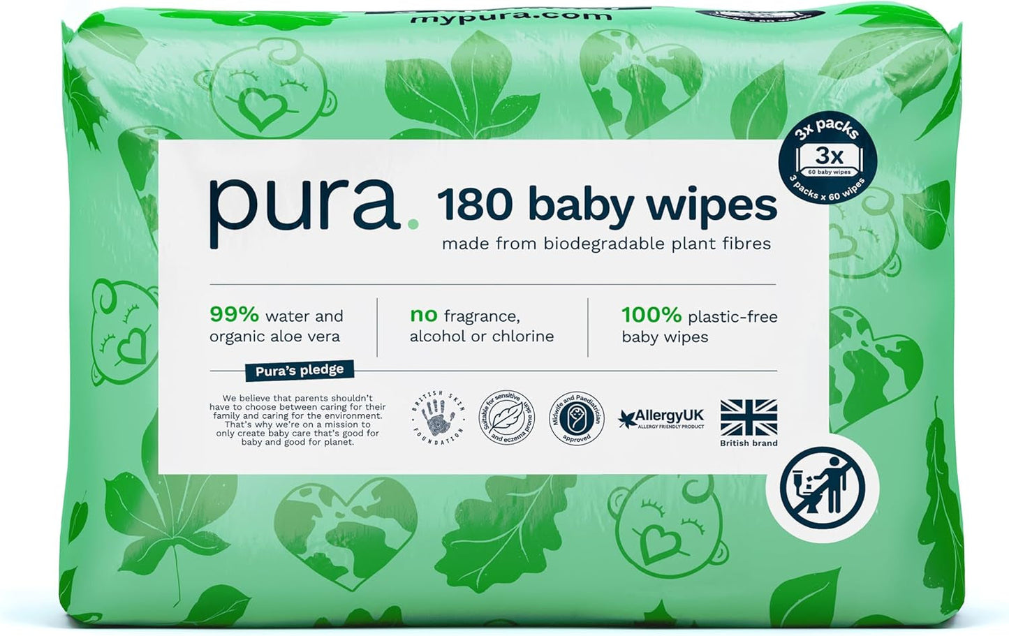 Șervețele umede ecologice de unică folosință pentru bebeluși, pentru pielea sensibilă a bebelușilor, 70 de șervețele (1 pachet), 99% apă, 100% fără plastic, pentru pielea sensibilă, predispusă la eczeme, nou-născuți, biodegradabile, vegane