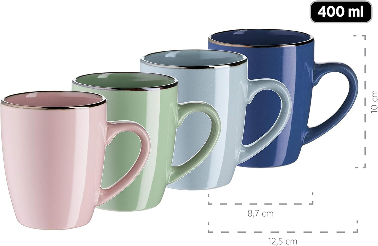 MÄSER 931870 Ramă metalică, Set de veselă modern pentru 4 persoane cu ramă de culoarea alamei, Set combinat de 16 piese cu forme de coupe fără ramă, Multicolor, Gresie, Pastel'n'Blue