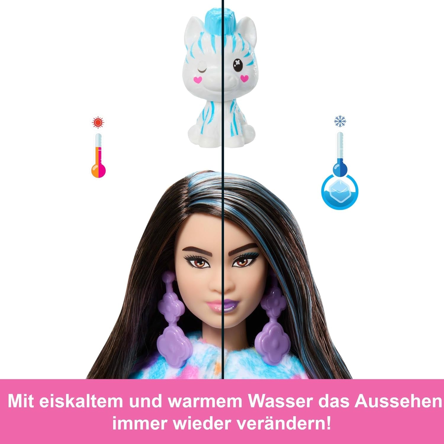 Păpușa Barbie Cutie Reveal și accesorii, costum de pluș zebră curcubeu și 10 surprize care își schimbă culoarea, gama Color Dream, HRK39