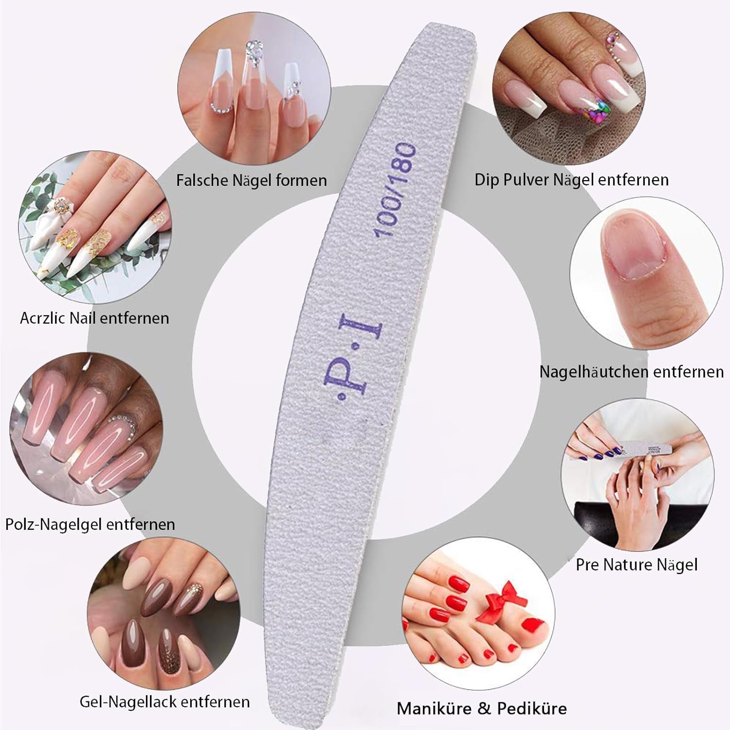 Set de 3 pile de unghii, pile de unghii pentru unghii cu gel, accesorii pentru unghii cu gel rezistente la uzură și lavabile, pilă de unghii profesională 100/180 cu 3 forme, albă
