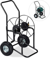 Cărucior furtun Relaxdays, rolă furtun mobilă, racord 1/2" și 3/4", furtun până la 80 m, 2 roți, metal, negru