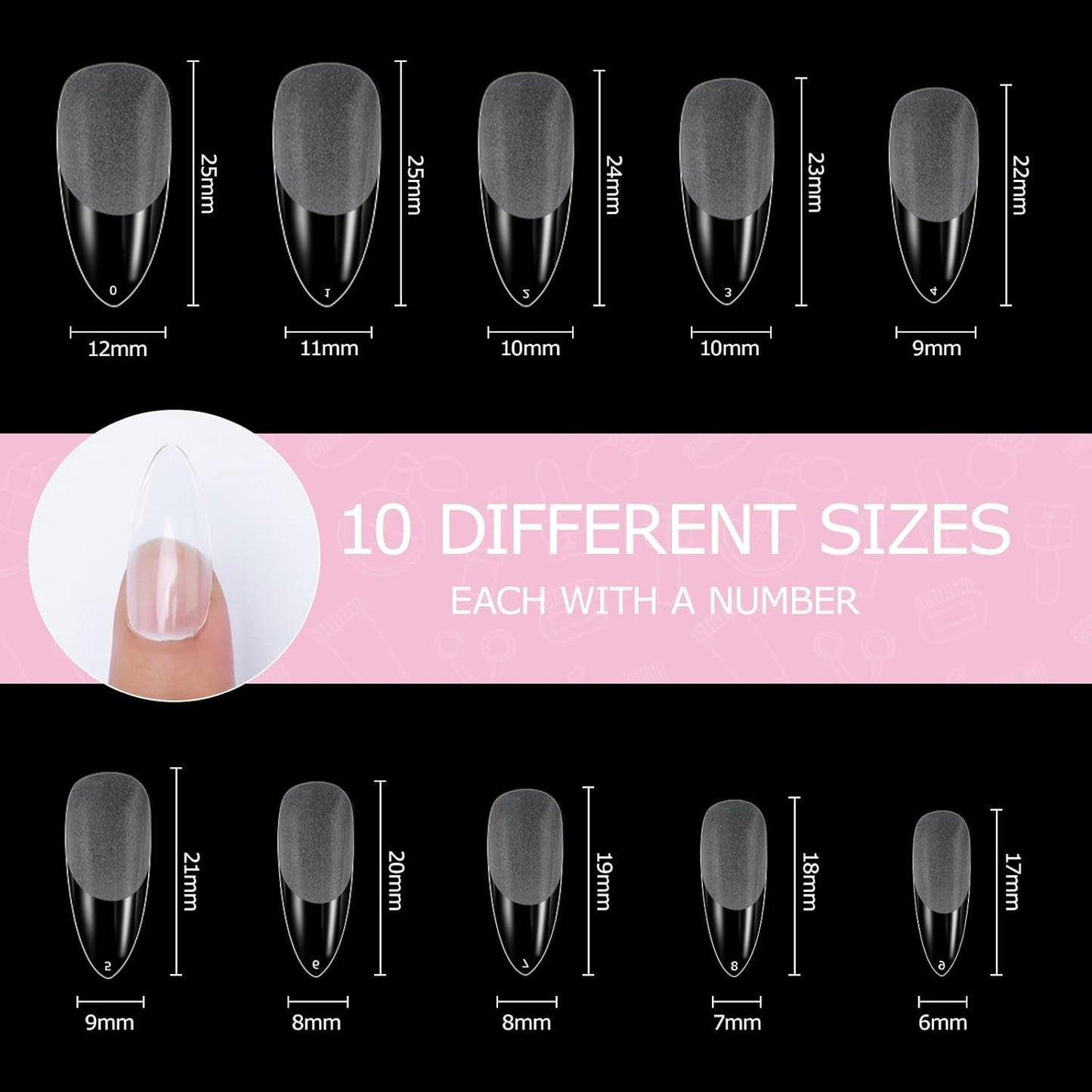 Tipuri de unghii, 500 bucăți de vârfuri de unghii false acrilice artificiale cu cutie de depozitare pentru saloane de unghii și nail art DIY acasă, 10 dimensiuni