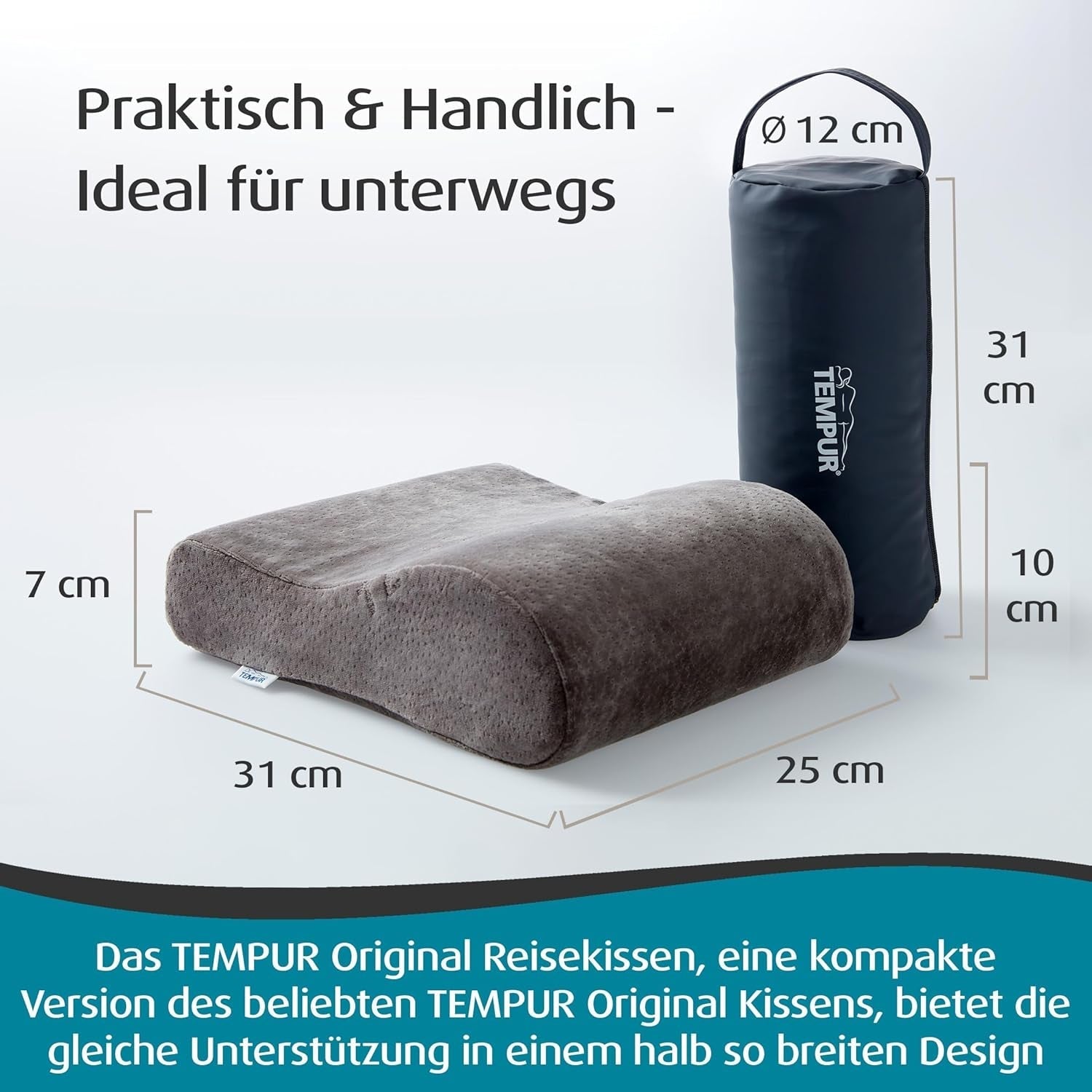 Pernă de călătorie TEMPUR cu spumă cu memorie, pernă ergonomică pentru gât, inclusiv geantă de transport, antracit, dimensiuni 25 x 31 x 10/7 cm