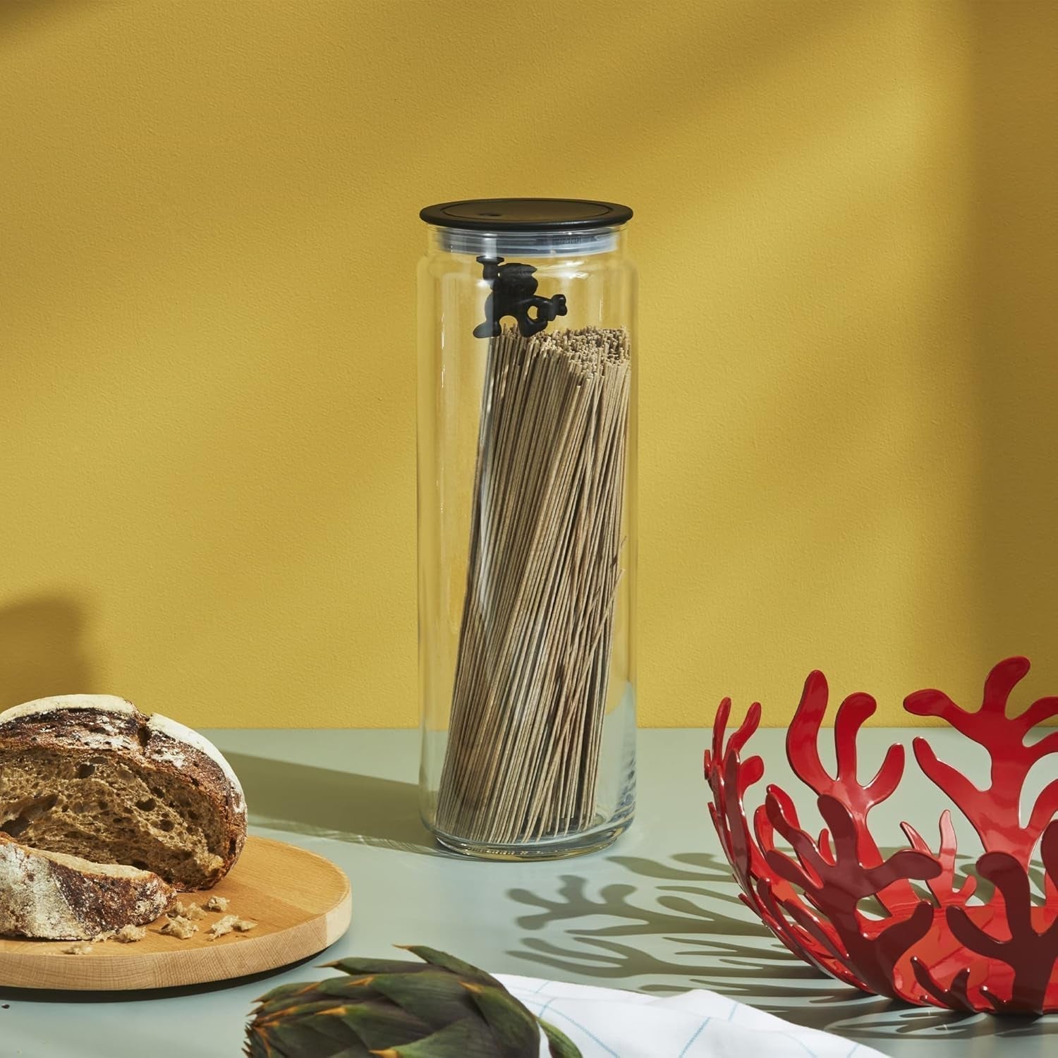 Borcan de bucătărie Alessi "Gianni" din sticlă cu capac sigilat, rășină termoplastică, negru, 27,5 x 13,5 x 28 cm Cutii depozitare alimente Naty Shop