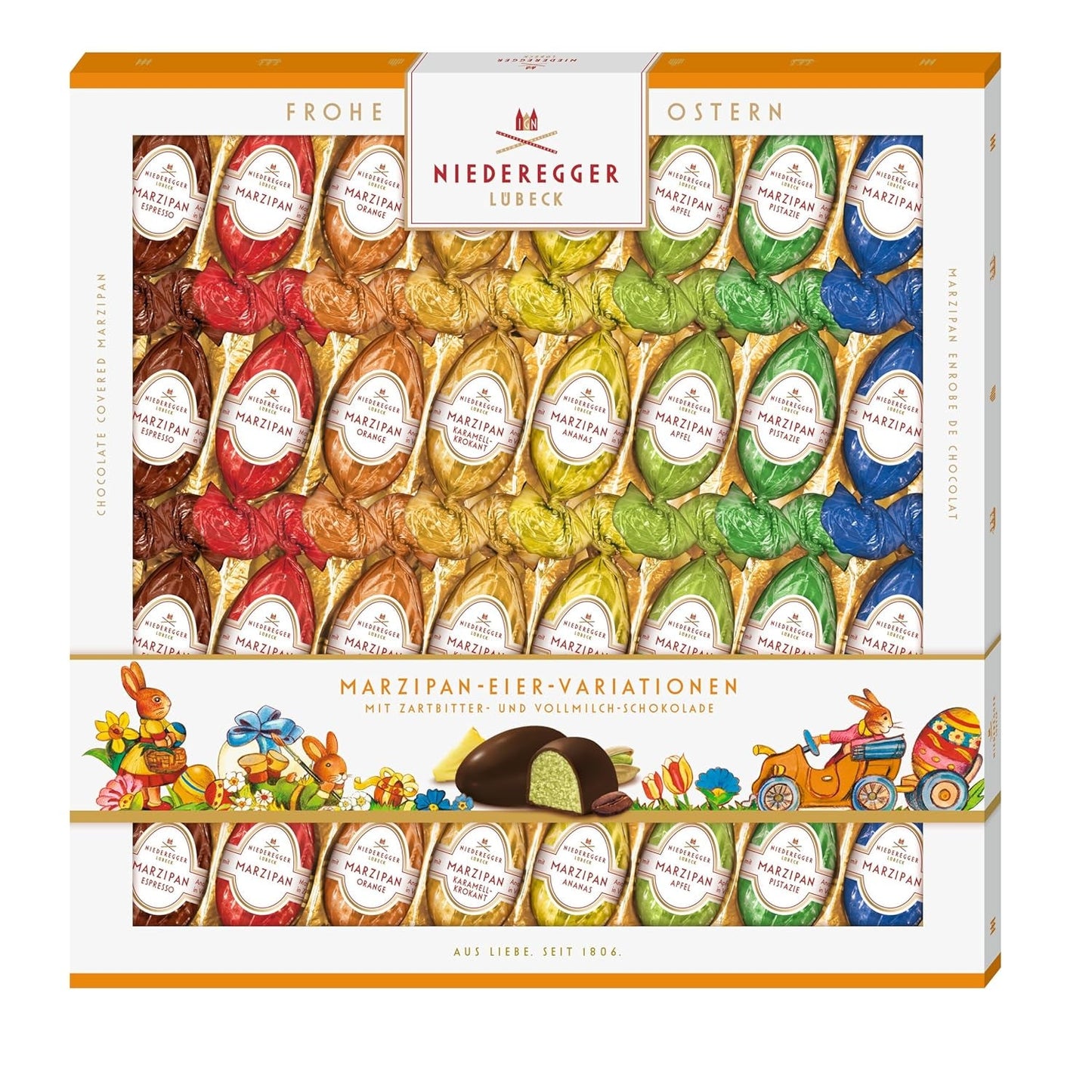 Niederegger | Ouă de marțipan | 1 x 400g | Variante: Clasic, Ciocolată cu lapte, Portocală, Caramel Crunch, Ananas, Măr, Espresso și Fistic | Învelite în ciocolată neagră și cu lapte | Cadou de Paște