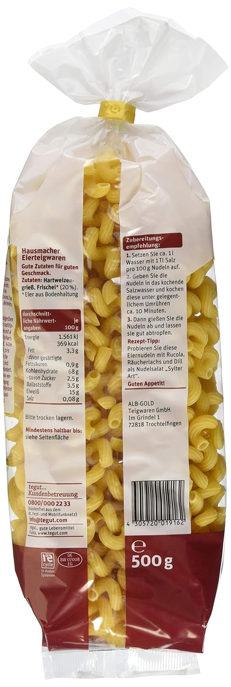 tegut... Tăiței cu ou, tirbușon, 1 x 500 g