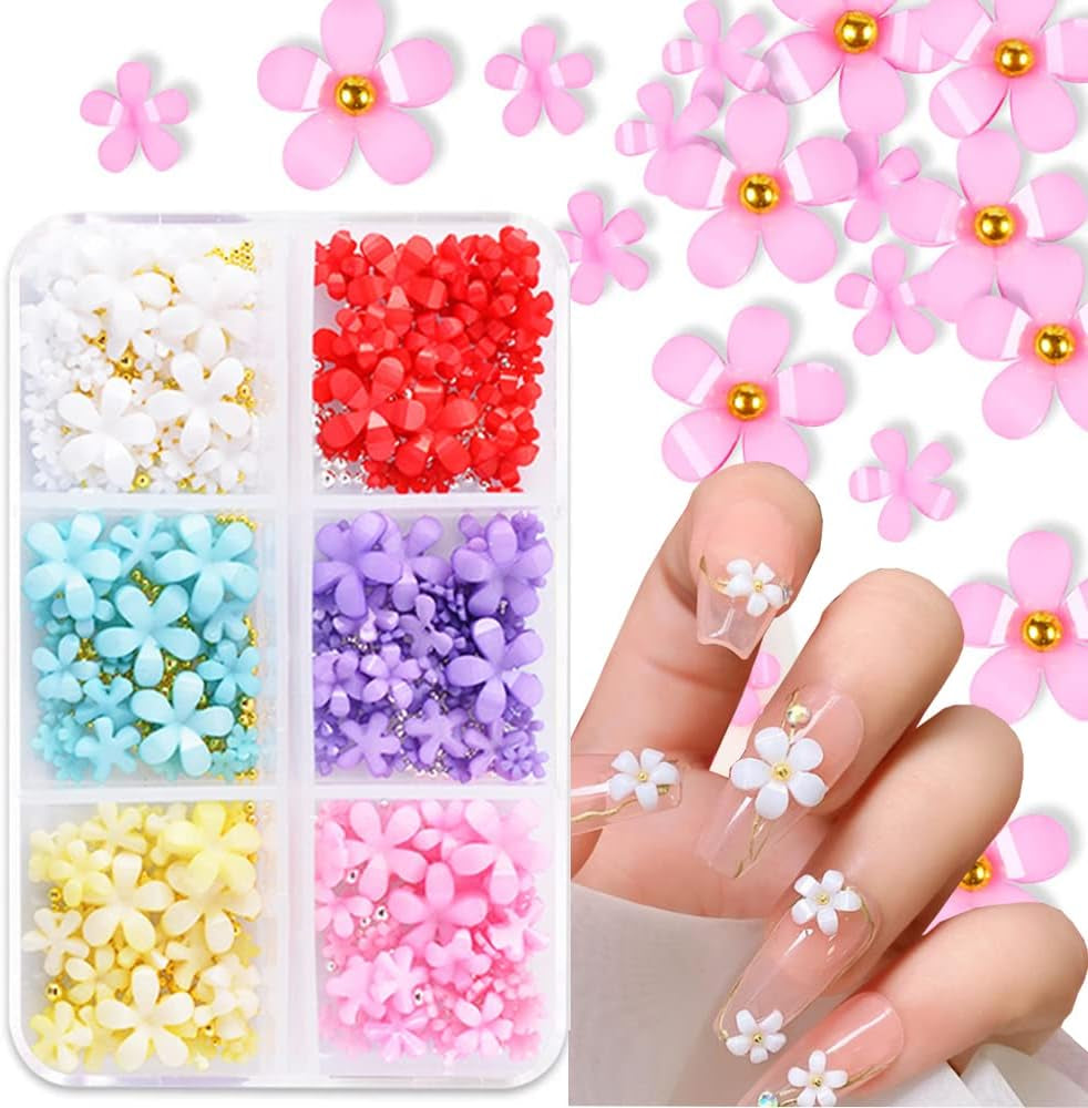 Unghii cu flori 3D, 6 grile, farmece pentru unghii cu flori, strasuri acrilice pentru unghii, accesorii pentru unghii, decorațiuni DIY pentru unghii de primăvară