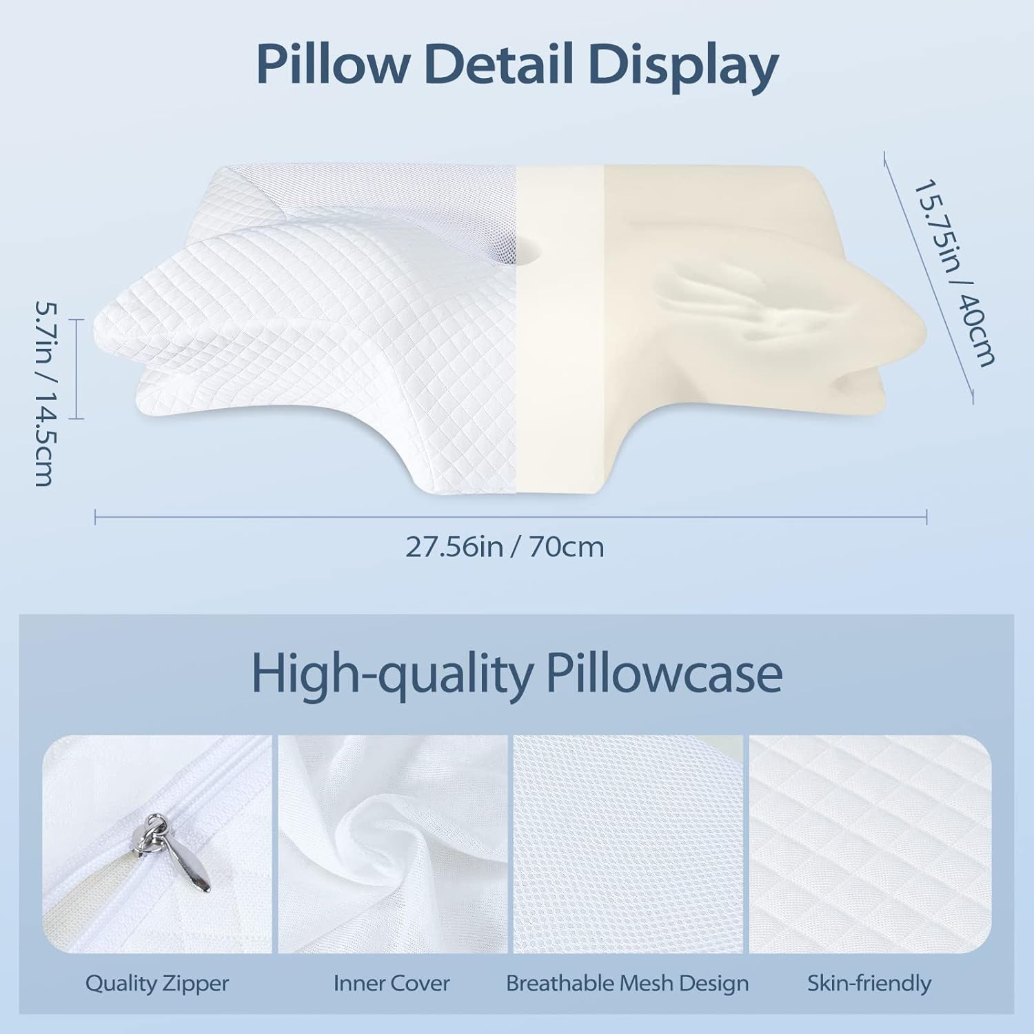 Pernă ortopedică din spumă de memorie pentru susținerea gâtului pernă pentru coloana cervicală Pernă ergonomică pentru dureri de spate, laterale și abdominale, 70X40X8.5/14Cm Perne ortopedice cervicale Naty Shop