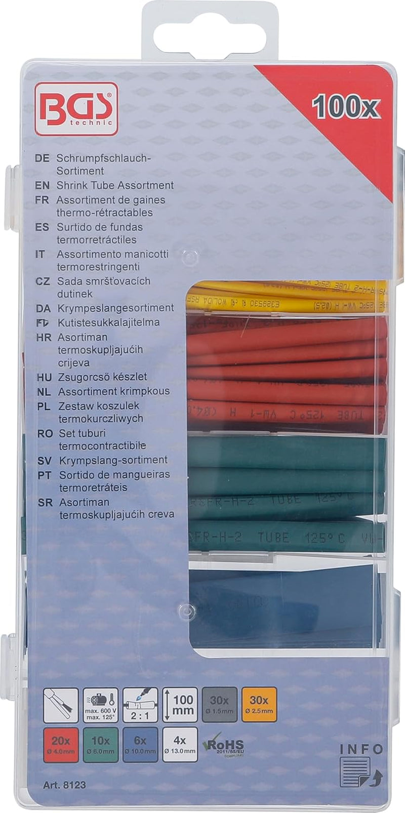 BGS 8123 | Sortiment de tuburi termocontractabile | 100 bucăți | Colorate | Raport 2:1 | 6 mărimi | Include cutie asortată