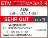 Espressor AEG Deli 5, 1,5 l, temporizator programabil, funcție de menținere la cald, oprire de siguranță, indicator nivel apă, dozaj optim, funcție anti-picurare, oțel inoxidabil, CM5-1-6ST