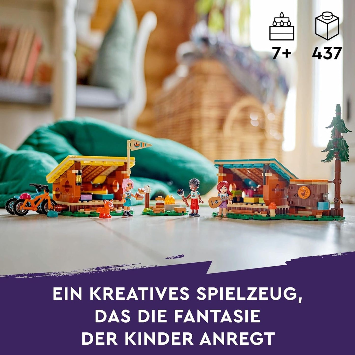 LEGO Friends Cosy Huts At Adventure Camp, Playset pentru jocuri de rol în aer liber, jucărie pentru copii pentru fete și băieți de la 7 ani cu 3 figurine și vulpe, jucărie de camping 42624 Seturi de constructie Besuche den LEGO-Store
