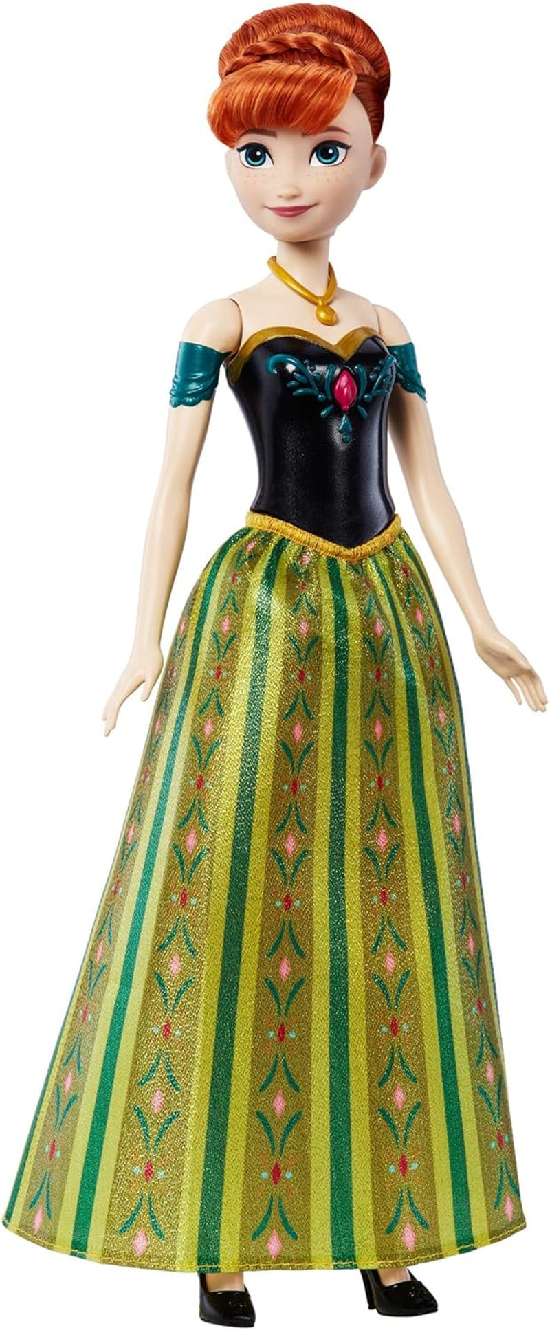 Jucării Mattel din Disney Frozen, păpușă de modă Anna cântătoare în ținută emblematică, cântă „Pentru prima dată” din filmul Disney în engleză, franceză, germană, italiană, JDL59