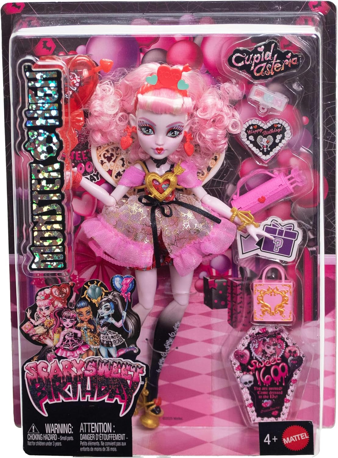 Păpușa Monster High Scary Sweet Birthday, Cupid Asteria, într-o rochie de petrecere roz și roșie, cu accesorii tematice precum invitație, balon, cadou și multe altele, JBG77