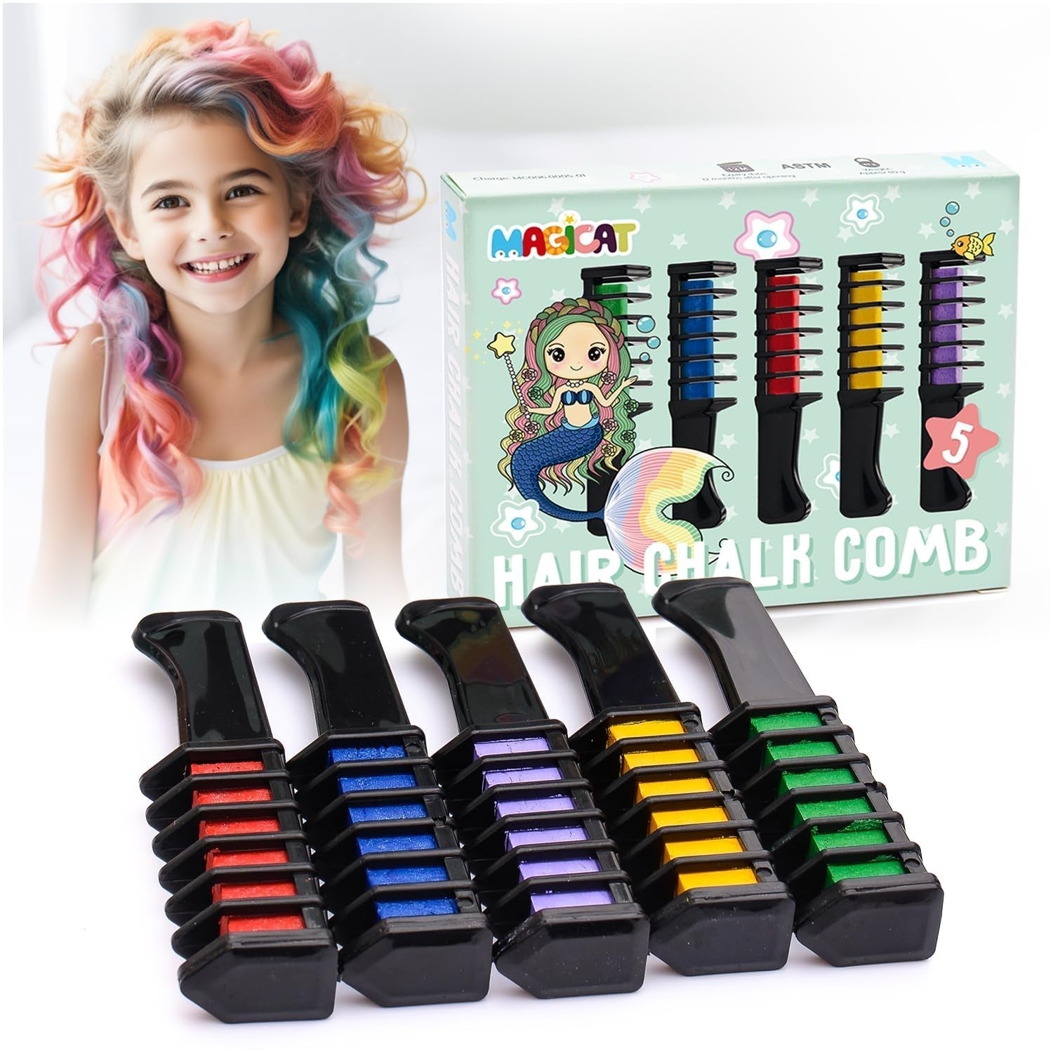 Magicat cretă de păr pentru fete set I 10 culori lavabile și 5 legături de păr I Cadou pentru fete de la 4 ani la 10 ani I Cadou creativ pentru petrecerea aniversară a copiilor 2025 I Sigur și colorat Vopsea pentru par Naty Shop 80 G (1 pachet)