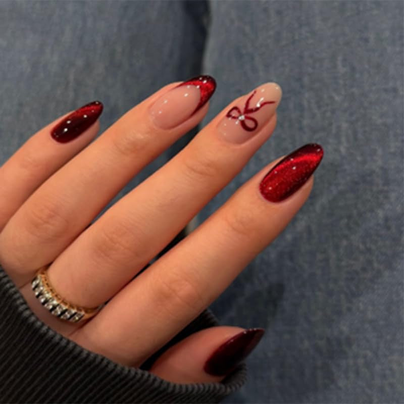 Mouyouglow Unghii False Magnetice Scurte, Roz Migdala Roșu Gradient Sclipici Cat Eye cu Lipici, Unghii Artificiale Roz Roșu Ombre Sclipici Fototerapie Pentru Femei și Fete