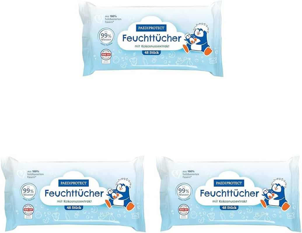 Șervețele umede PAEDIPROTECT pentru bebeluși 1 x 10 bucăți, șervețele umede cu apă pentru bebeluși sensibili cu 99% apă, fără parfum, pentru pielea delicată a bebelușilor și copiilor, cu extract de cocos, fără microplastic, vegane (pachet de 5)