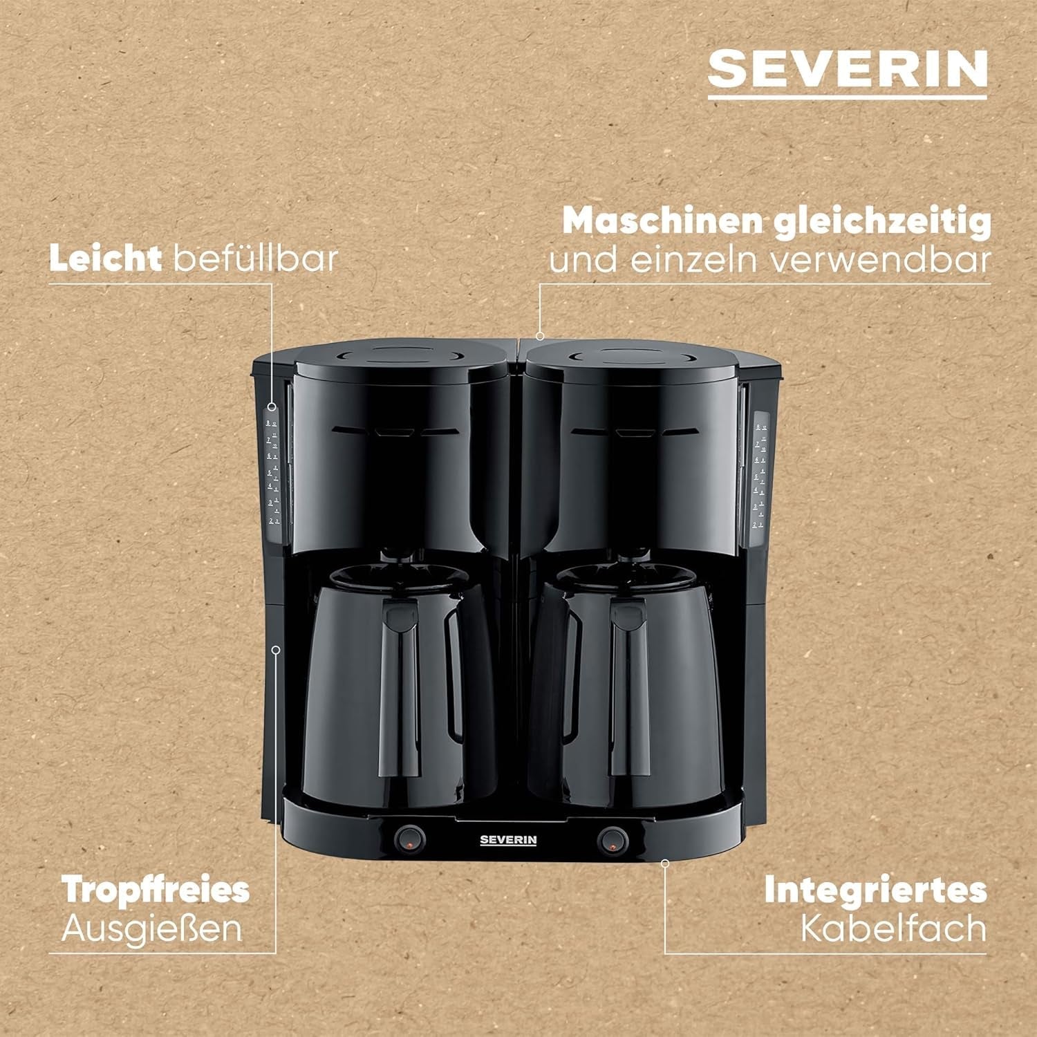Aparat de cafea cu filtru SEVERIN Duo cu carafă termică, aparat de cafea pentru până la 16 cești, aparat de filtrare atractiv cu 2 carafe izolate, negru, KA 9315