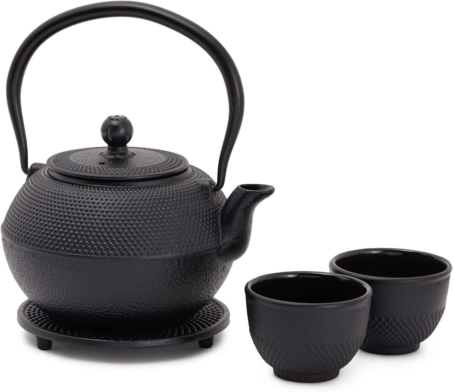 Set de ceai japonez Juvale cu ceainic din fontă (1200 ml), farfurie și 2 căni, set de ceai în stil Tetsubin, negru