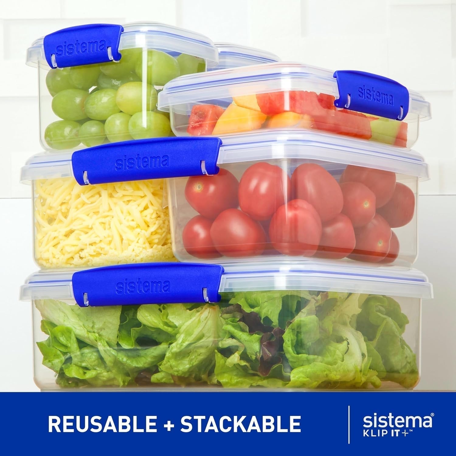 Borcan pentru depozitarea alimentelor Sistema KLIP IT | 9,67 l | borcan de depozitare stivuibil și etanș cu capac, potrivit pentru frigider/congelator | plastic fără BPA | clipsuri albastre | 1 bucată (pachet de 4) Cutii depozitare alimente Naty Shop