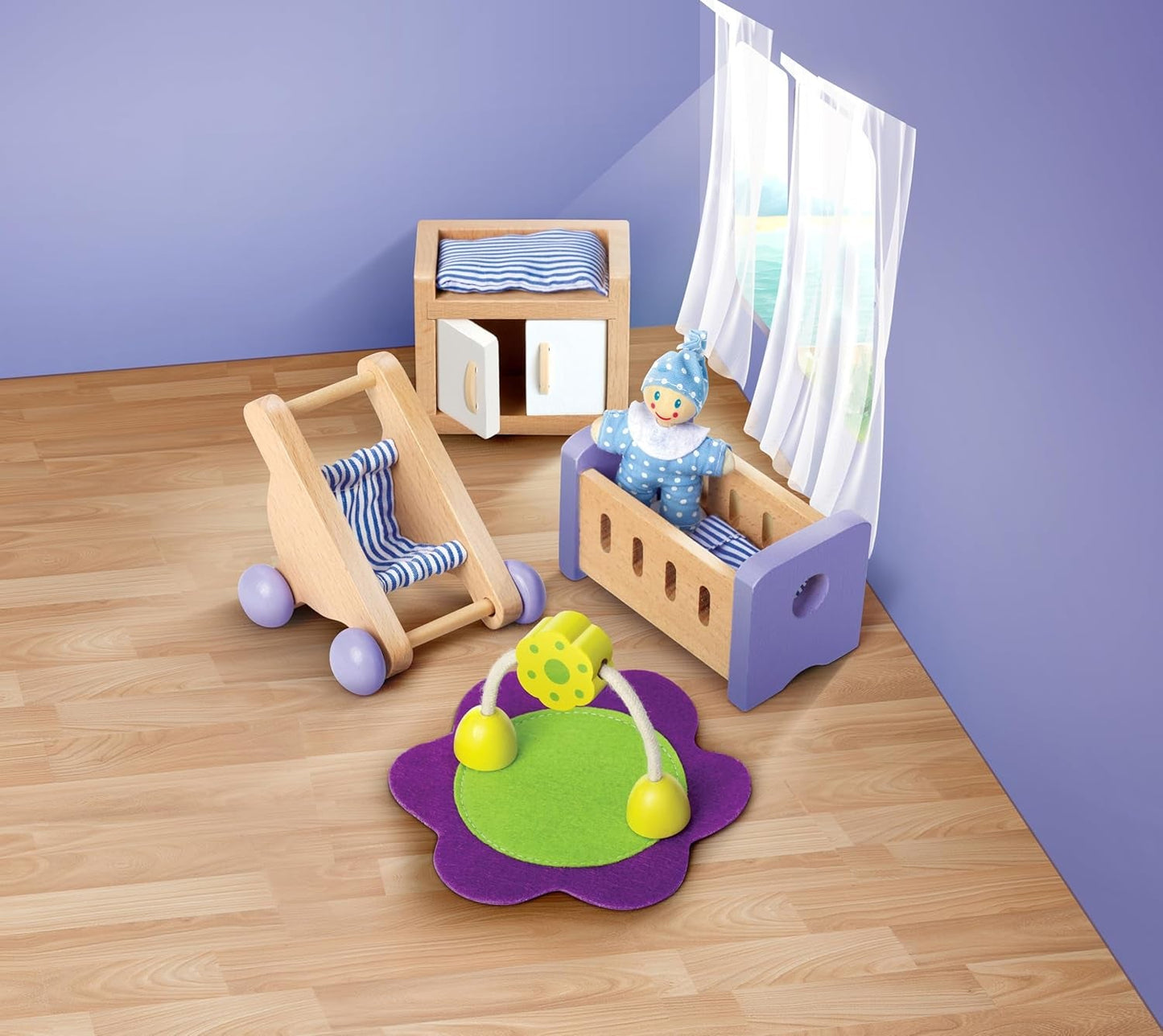 Hape Baby Room – Set cameră de păpuși din lemn, mobilier pentru păpuși pentru copii, accesorii pentru casă de păpuși pentru copii mici, cameră de copii în miniatură cu leagăn și accesorii, joc de rol de la 3 ani