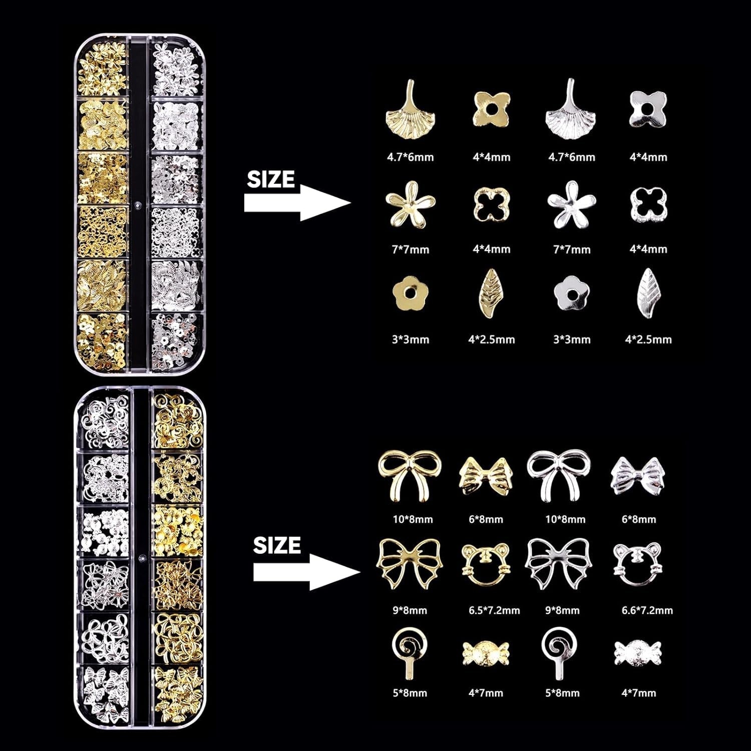Set de 4 cutii pentru brelocuri pentru unghii - 48 de tipuri de brelocuri 3D aurii și argintii pentru unghii (fluturi, flori, perle etc.) + pensetă și stilou - pentru unghii cu gel și acrilice DIY | Ideal pentru salon de unghii și acasă