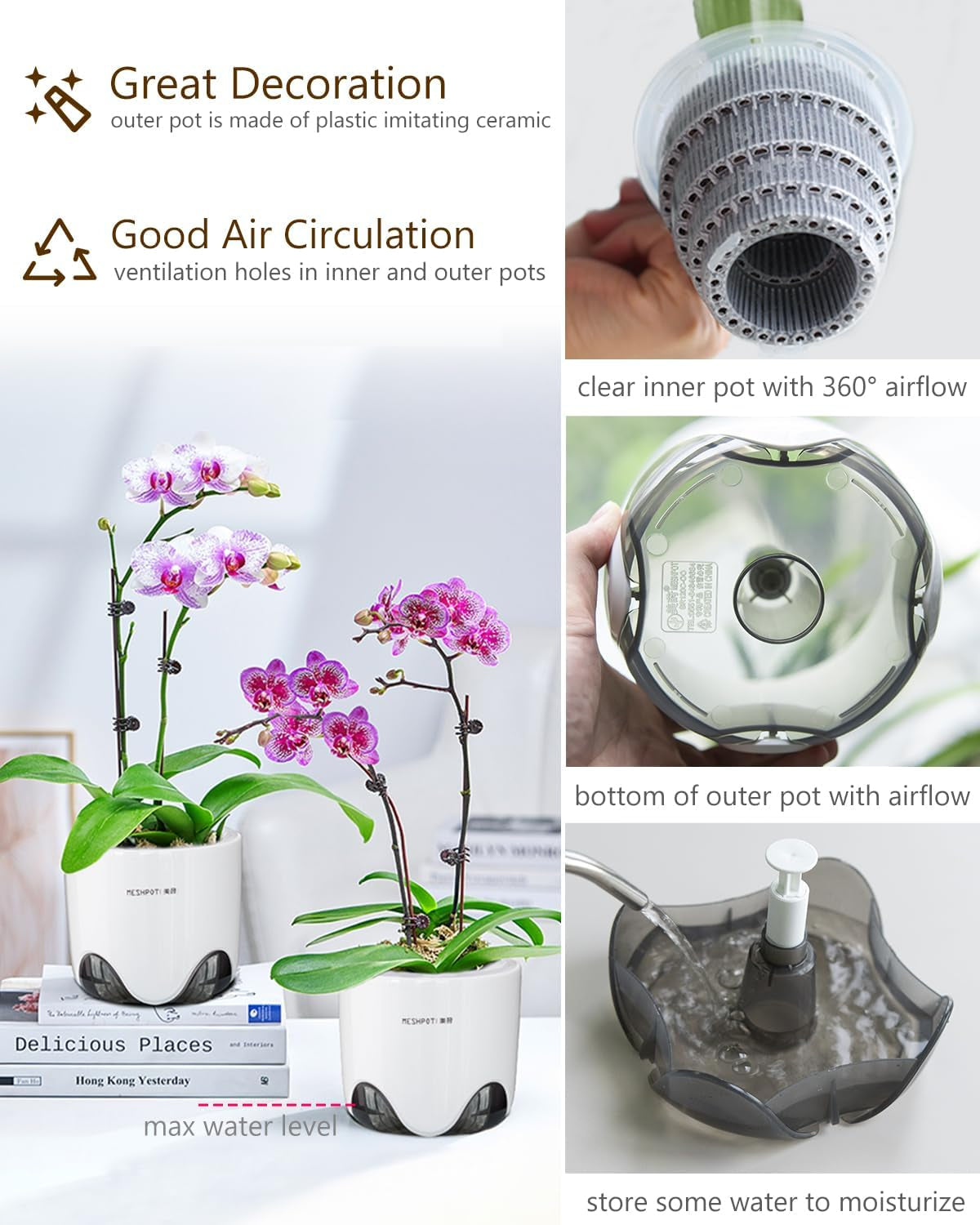 Ghivece pentru orhidee cu găuri de drenaj pentru transplantare, circulație excelentă a aerului, 2 bucăți, plastic cu strat dublu, jardinieră ceramică pentru orhidee, ghiveci transparent pentru orhidee, decorativ