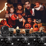 Set de tacâmuri din hârtie cu păianjeni de Halloween, format din 49 de piese, inclusiv farfurii, șervețele, pahare și față de masă. Set de tacâmuri negre pentru petrecere, cu farfurii de desert, șervețele și pahare.