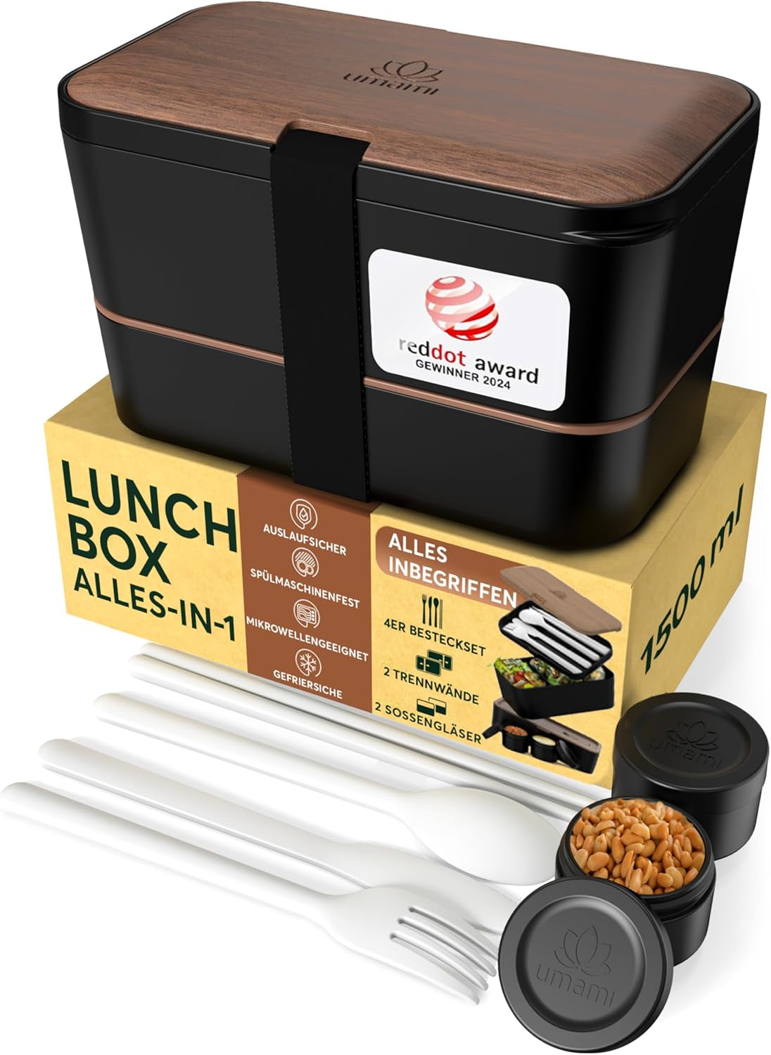 Cutie de prânz Umami pentru adulți, cutie bento stivuibilă etanșă cu 4 tacâmuri și compartimente, cutie de prânz pentru adulți, recipient pentru salată to-go, cutie de prânz pentru picnic / birou, gri cărbune, 1500 ml Cutii depozitare alimente Naty Shop Nuc negru L - 1500 Ml Stivuibile unul în celălalt