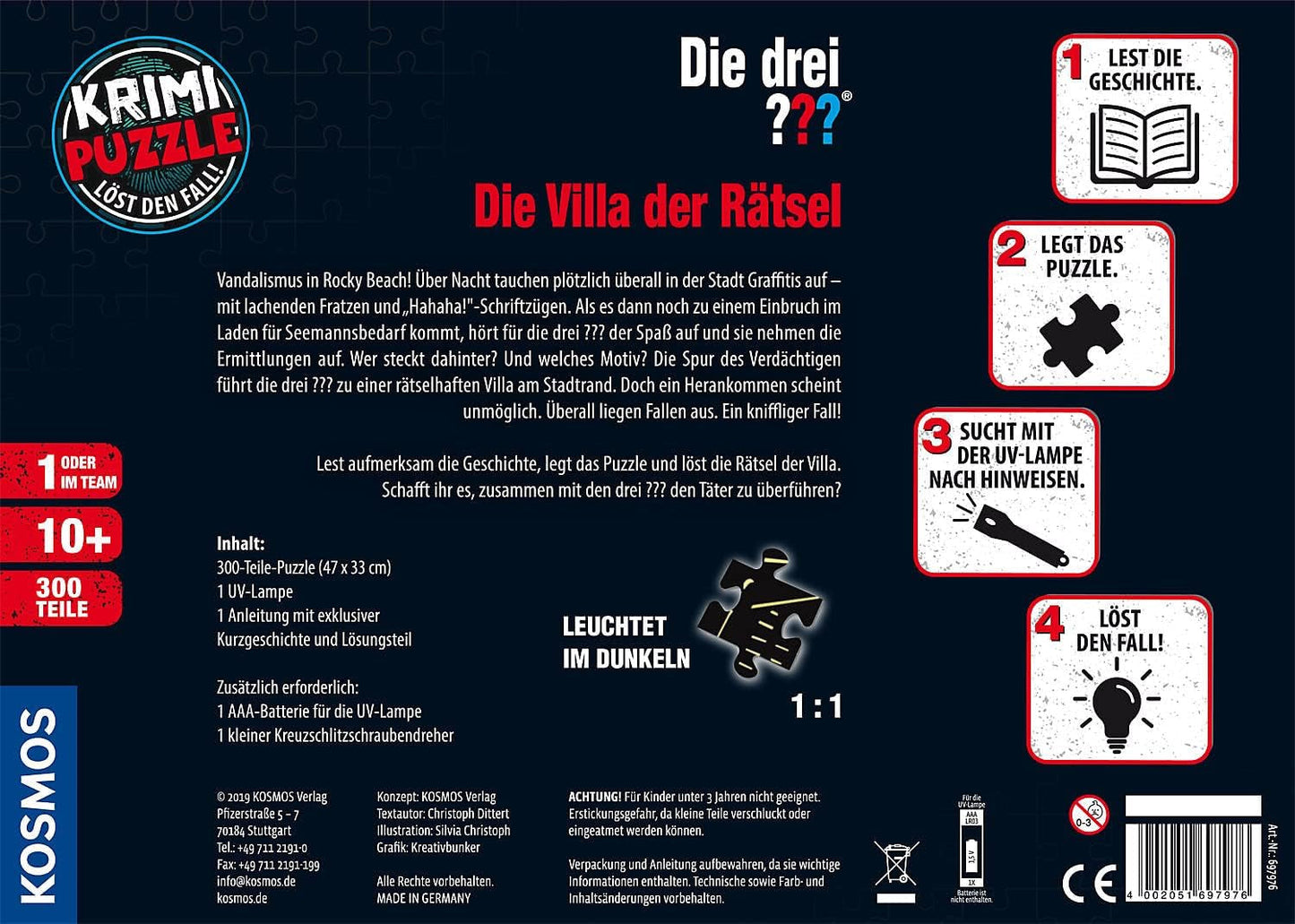 The Three ??? - Crime Puzzle - The Villa of the Puzzles By KOSMOS 697976, 300 piese, Strălucește în întuneric, Cu lampă UV, Citire, Puzzle, Rezolvarea puzzle-urilor, Puzzle detectiv De la 10 ani Puzzle Naty Shop