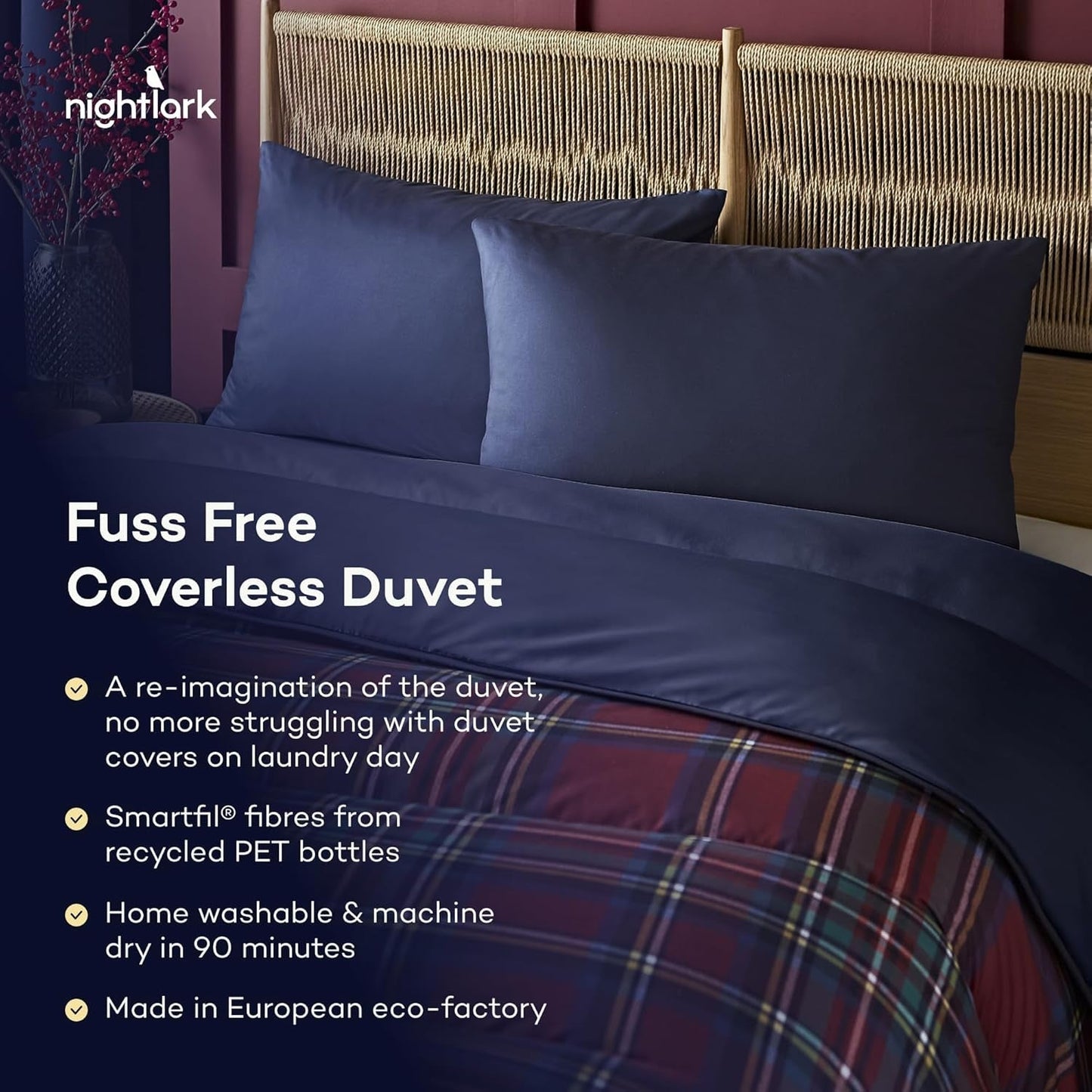 Set plapumă și față de pernă Night Lark, 10,5 tog, pat single, tartan roșu clasic, lenjerie de pat de lux, hipoalergenică, lavabilă la mașină Plapumi si pilote Naty Shop