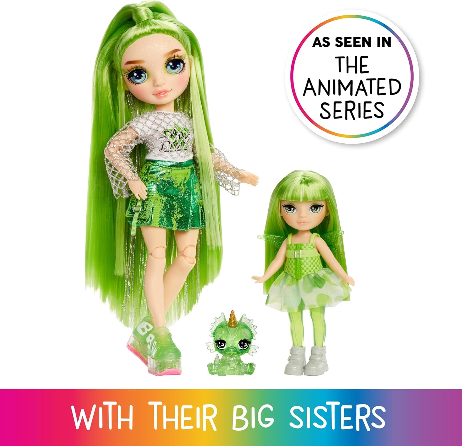 Rainbow High Littles Zâne Fantasy Curcubeu și Animal de Companie - Smarald, Verde - Păpușă mică, articulată, de 14 cm și Dragon Fantasy cu Aripi de Zână Interschimbabile, Cadou Dulce pentru Copii cu Vârsta de 4 Ani și Peste
