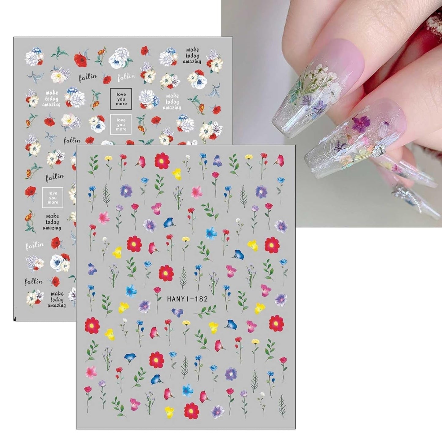 JMEOWIO Nagelsticker Frühlings Blume 9 Blatt Nail Art Sticker Selbstklebend Nagelaufkleber Bunte Sommer Blumen Dekoration Nageldesign Zubehör
