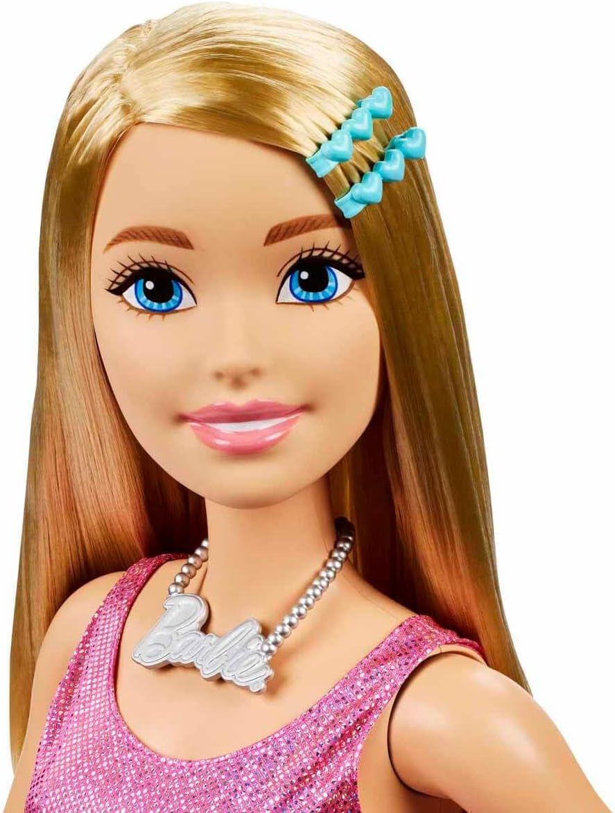 Păpușă Barbie Extra Large (71 cm) - Rochie roz, păr blond cu agrafă și colier, cadou pentru copii cu vârsta de 3 ani și peste, HJY02