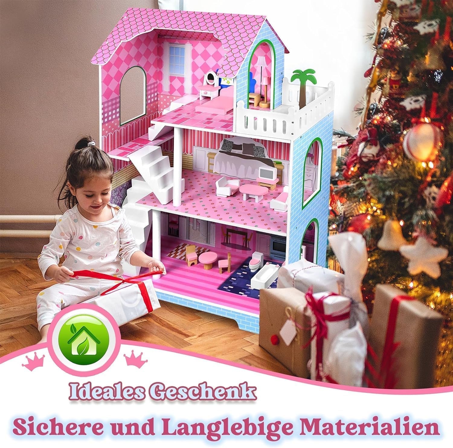 HENGMEI Puppenhaus Kinder Holz Puppenvilla Dollhouse Set Mädchen Spielset 3 Etagen Haus mit Möbeln und Zubehör, 70x30x100cm Puppenhäuser für Kinder (Typ B)