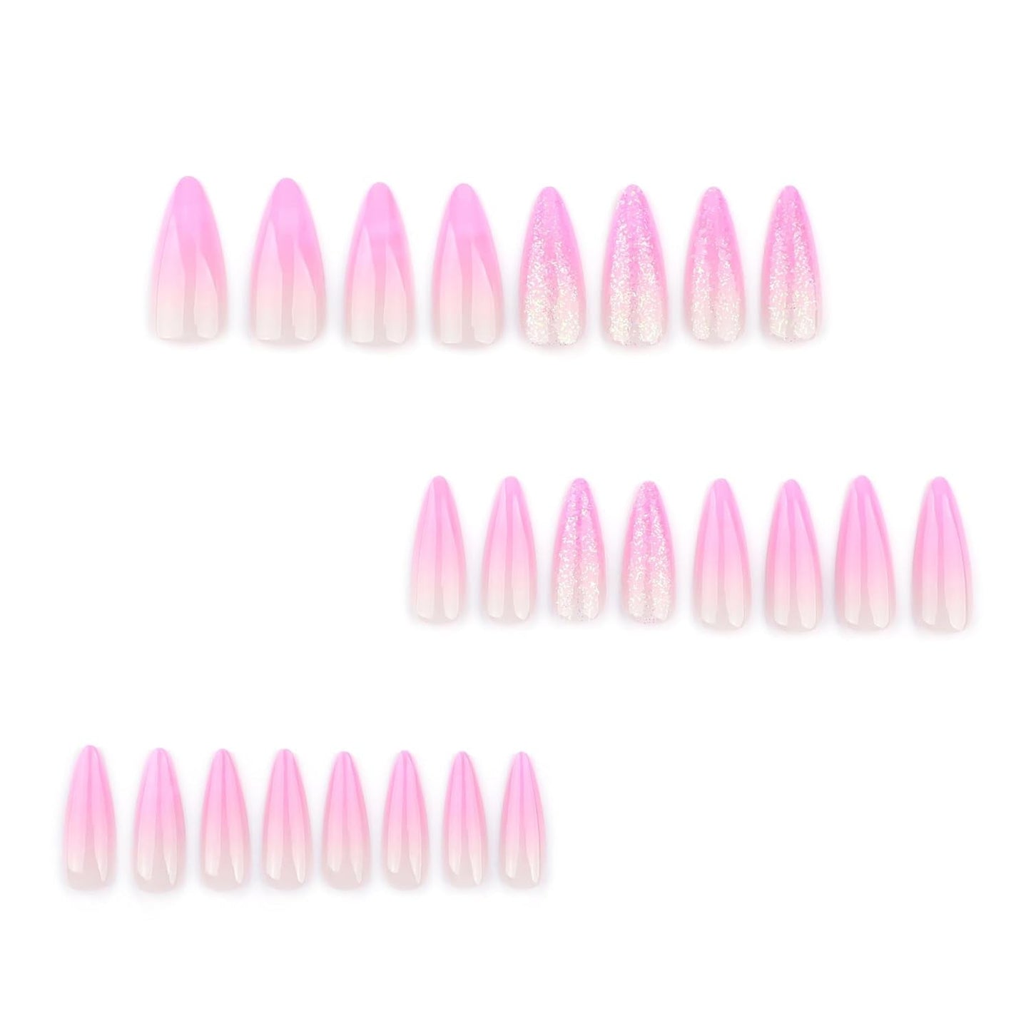 Mouyouglow Unghii lungi, Stiletto, alb lăptos, gradient roz, sclipici, cool, unghii false cu lipici, unghii artificiale roz Ombre sclipici