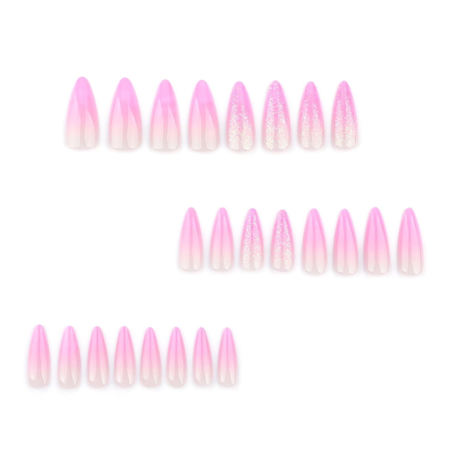Mouyouglow Unghii lungi, Stiletto, alb lăptos, gradient roz, sclipici, cool, unghii false cu lipici, unghii artificiale roz Ombre sclipici