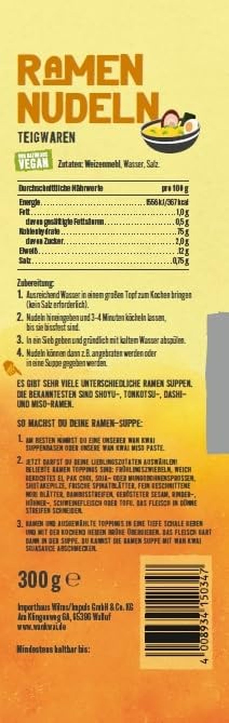 Tăiței Ramen Wan Kwai 300g – Aromă autentică pentru bucătăria asiatică. Versatili, rapid de preparat, ingrediente de înaltă calitate. Ideali pentru supe și mâncăruri la wok.