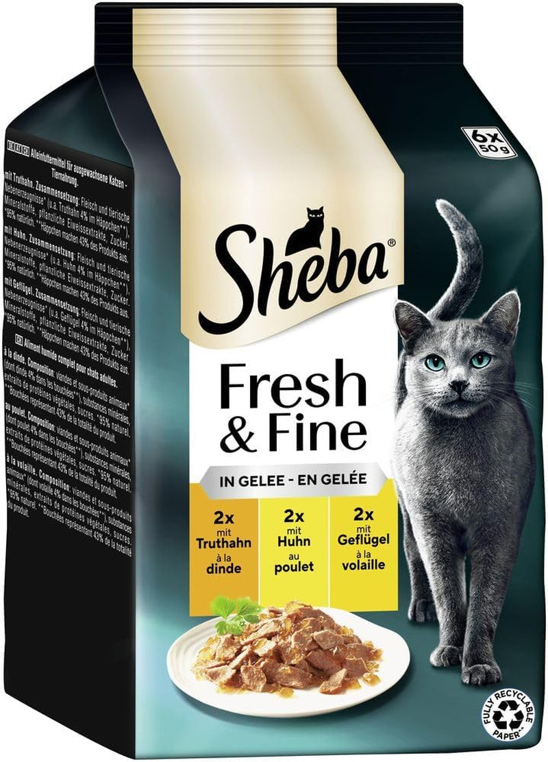 Sheba Portion Pouches Hrană umedă pentru pisici, pachet multiplu Fresh & Fine în jeleu cu curcan și pui, 6x6x50g - Hrană pentru pisici de înaltă calitate în jeleu cu curcan și pui